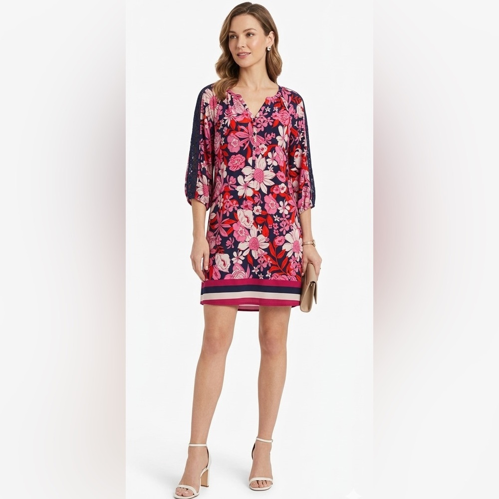 HATLEY V-Neck Floral Tunic Dress Pink/Red/Blue Cotton Mix Size Small